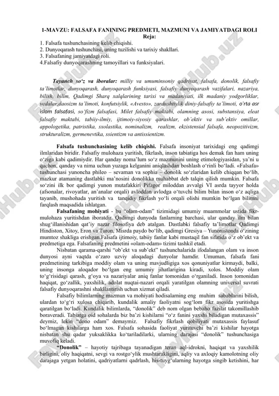 falsafa fanining predmeti, mazmuni va jamiyatdagi roli — DOC