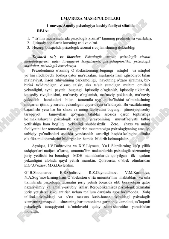 psixologik xizmat va uning rivojlanishi — DOC