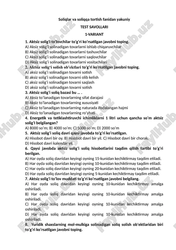 soliqlar va soliqqa tortish fanidan yakuniy — DOC