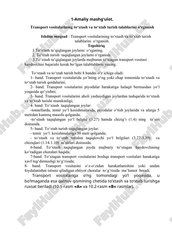 transport vositalarining to‘xtash va to‘xtab turish talablarini o‘rganish — DOC