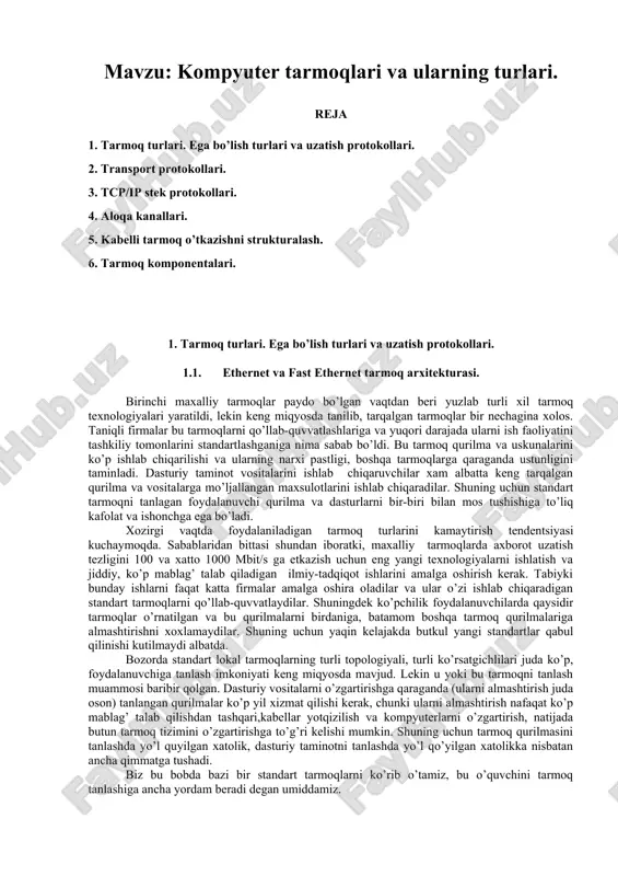 tarmoq turkari va ularning turlari — DOC