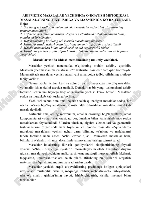 arifmetik masalalar yechishga o‘rgatish metodikasi — DOC