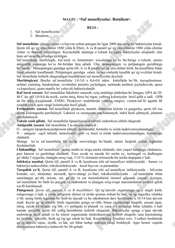 sal`monellyozlar va botulizm — DOC