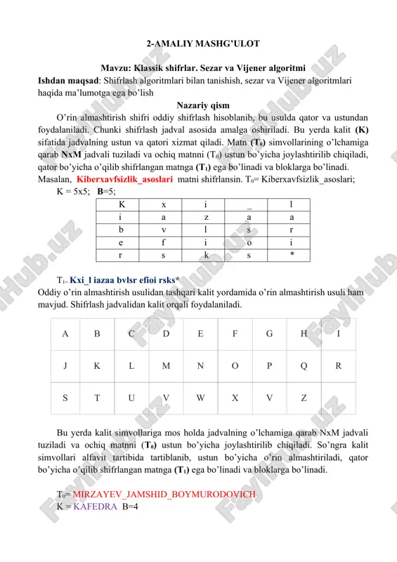 shifrlash algoritmlari (sezar va vijener) — DOC