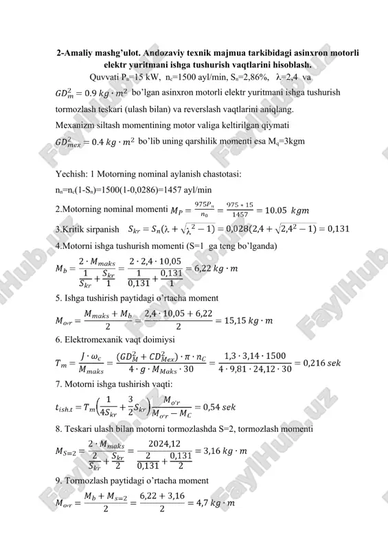 asinxron motorli elektr yuritmani ishga tushurish vaqtlarini hisoblash — DOC