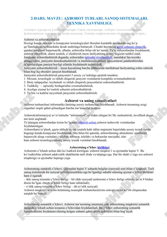 axborot turlari. sanoq sistemalari. texnika xavfsisligi. — DOC