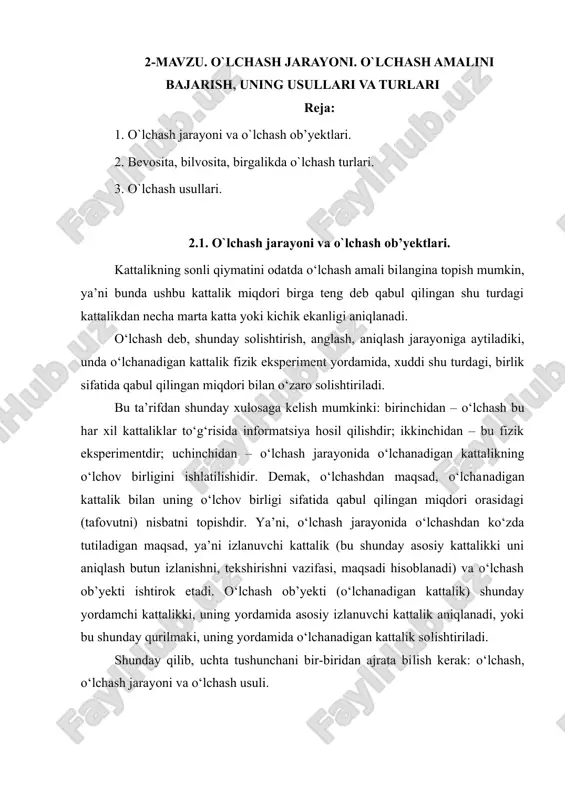 o`lchash jarayoni. o`lchash amalini bajarish, uning usullari va turlari — DOC
