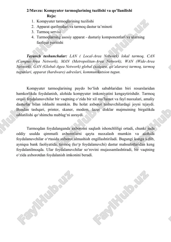 kompyuter tarmoqlarining tuzilishi va qo’llanilishi — DOC