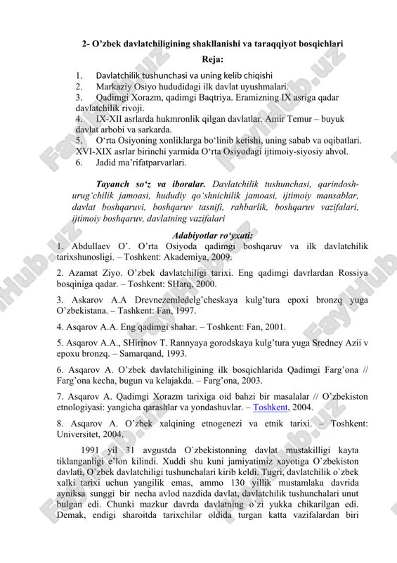 o’zbek davlatchiligining shakllanishi va taraqqiyot bosqichlari — DOC