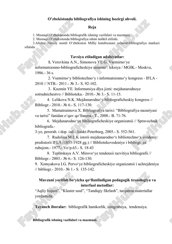 o’zbekistonda bibliografiya ishining hozirgi ahvoli — DOC