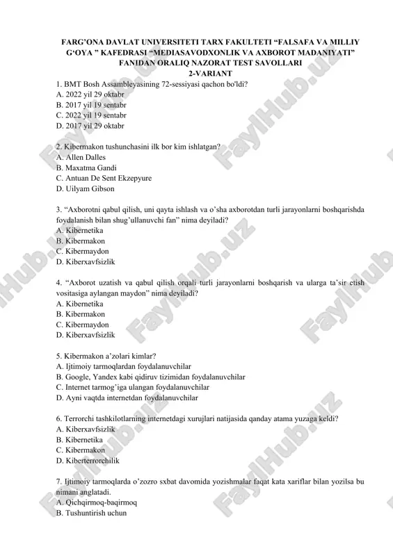 oralig' nazorat test savollari — DOC
