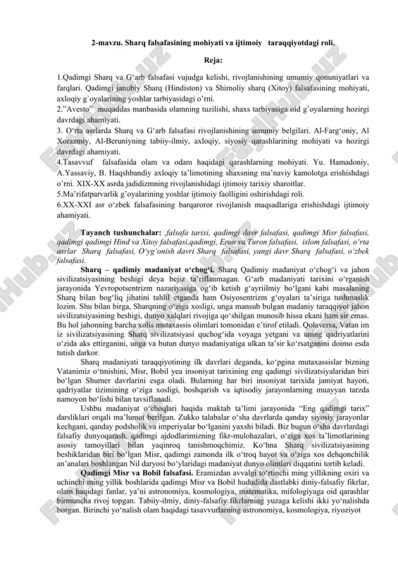 sharq falsafasining mohiyati va ijtimoiy taraqqiyotdagi roli — DOC