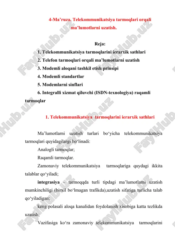 telekommunikatsiya tarmoqlari orqali ma’lumotlarni uzatish — DOC