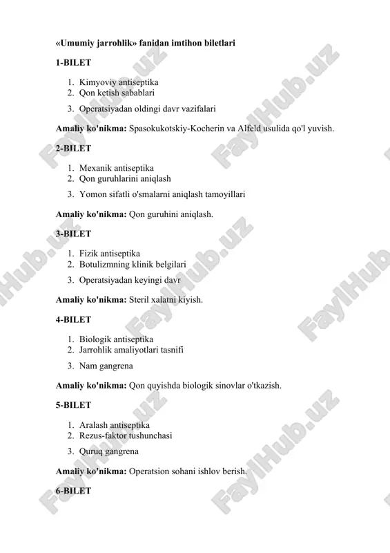 umumiy jarrohlik fanidan imtihon biletlari — DOC