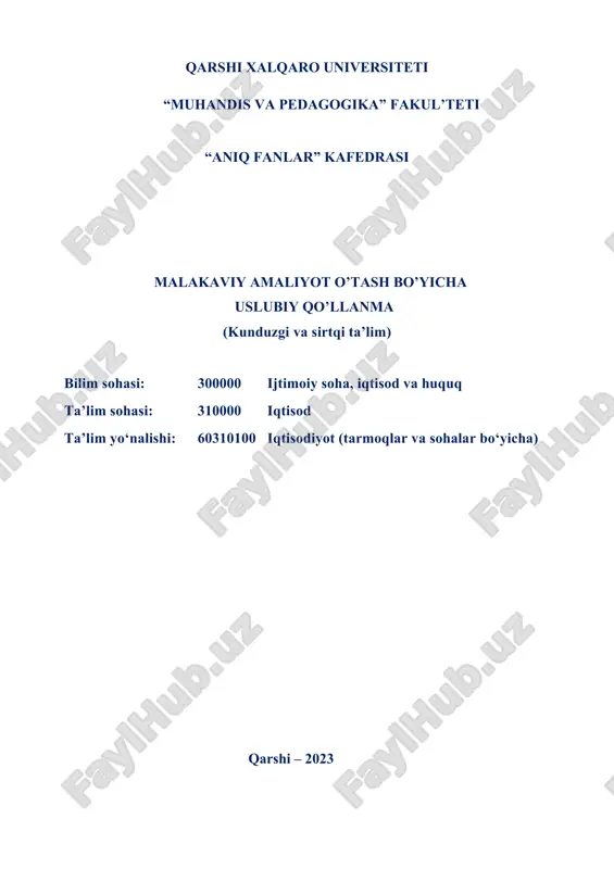 malakaviy amaliyot o'tash bo'yi uslubiy qo'llanma — DOC