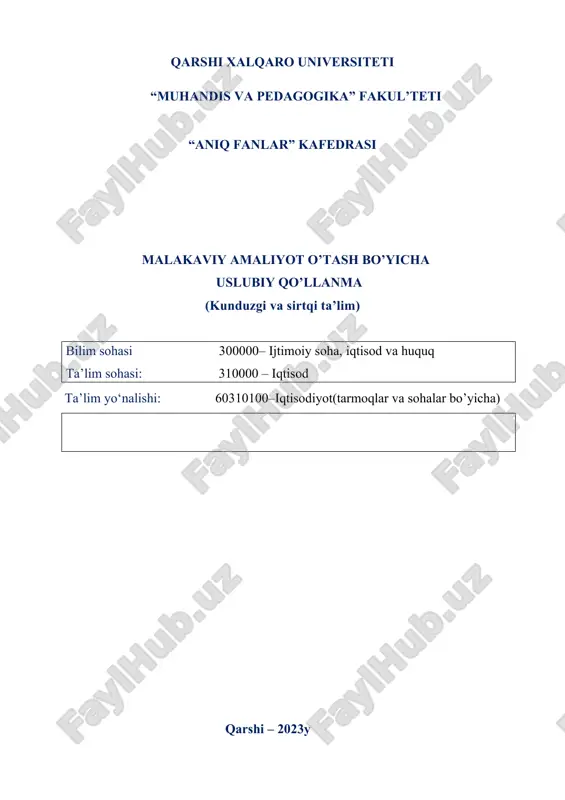 malakaviy amaliyot o‘tash bo‘yicha uslubiy qo‘llanma — DOC