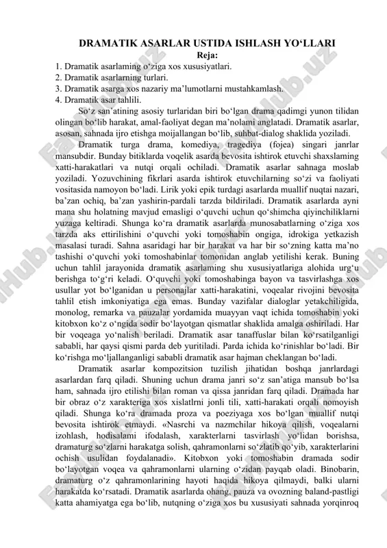dramatik asarlar ustida ishlash yo‘llari — DOC