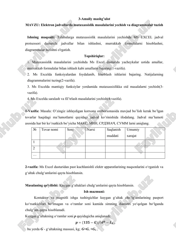 elektron jadvallarda mutaxassislik masalalarini yechish va diagrammalar tuzish — DOC
