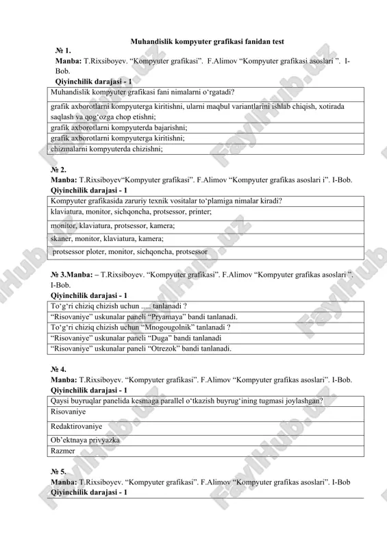 muhandislik kompyuter grafikasi fanidan test — DOC