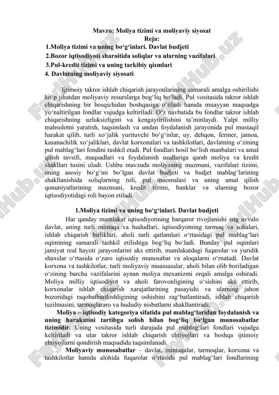 moliya tizimi va moliyaviy siyosat — DOC