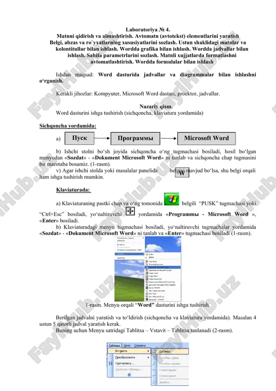 word dasturida jadvallar va diagrammalar bilan ishlash — DOC