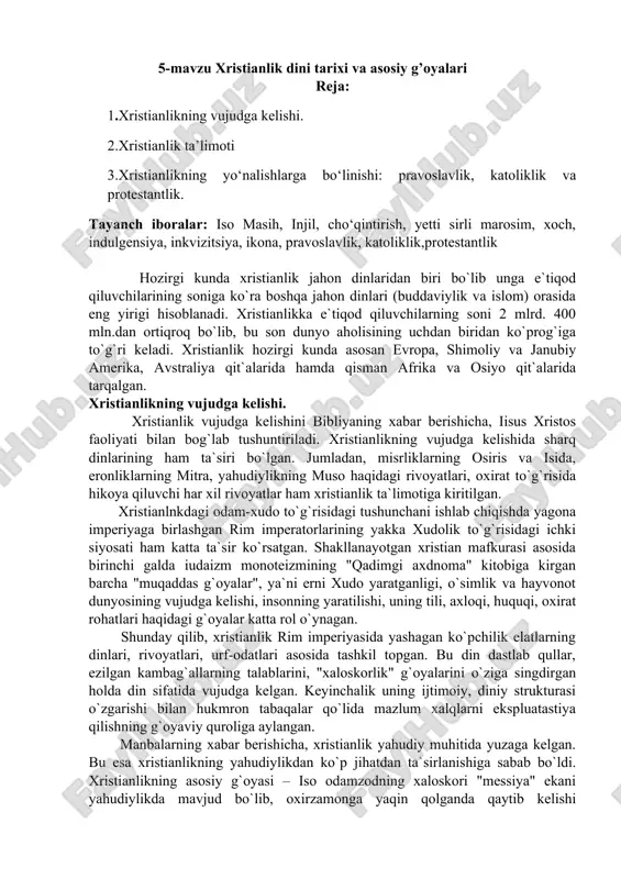 xristianlik dini tarixi va asosiy g’oyalari — DOC