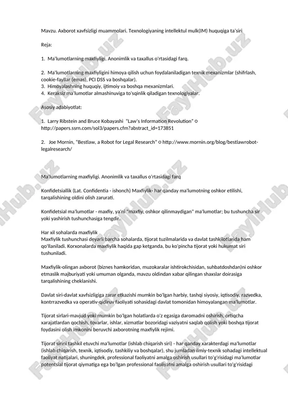 maxfiylik va axborot xavfsizligi muammolari — DOC