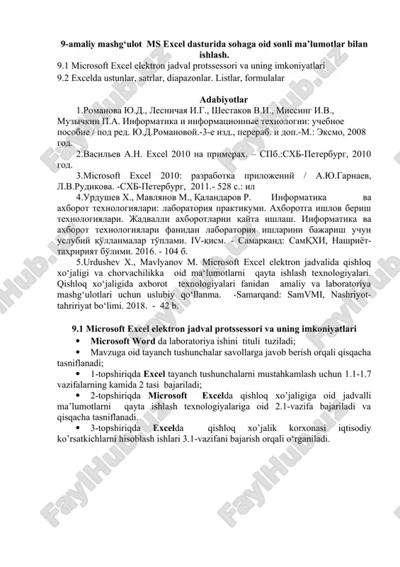 microsoft excel elektron jadval protssessori va uning imkoniyatlari — DOC