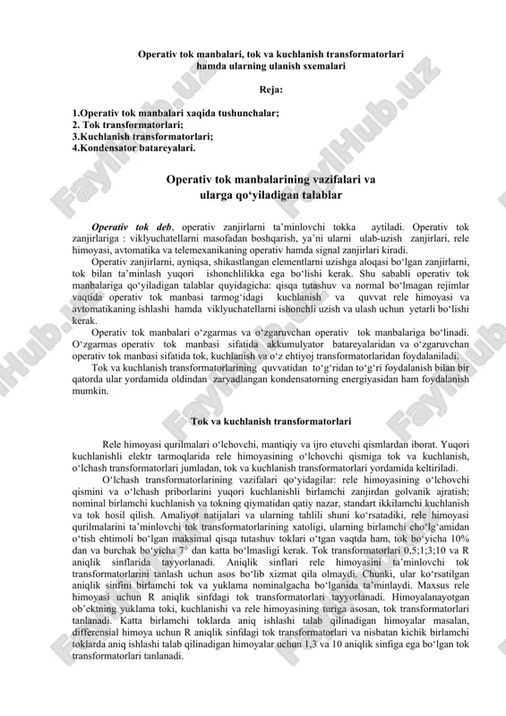 operativ tok manbalari, tok va kuchlanish transformatorlari — DOC