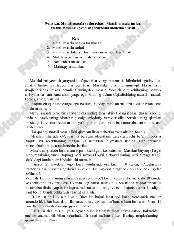 matnli masalalar yechish jarayonini modellashtirish — DOC