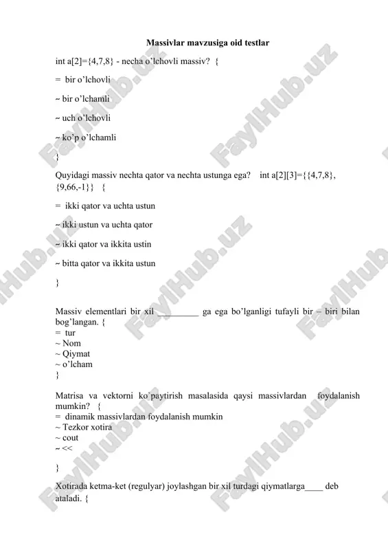massivlar mavzusiga oid testlar — DOC