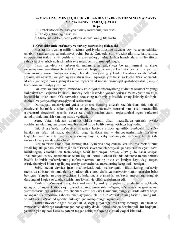 o‘zbekistonda ma’naviy va tarixiy merosning tiklanishi — DOC