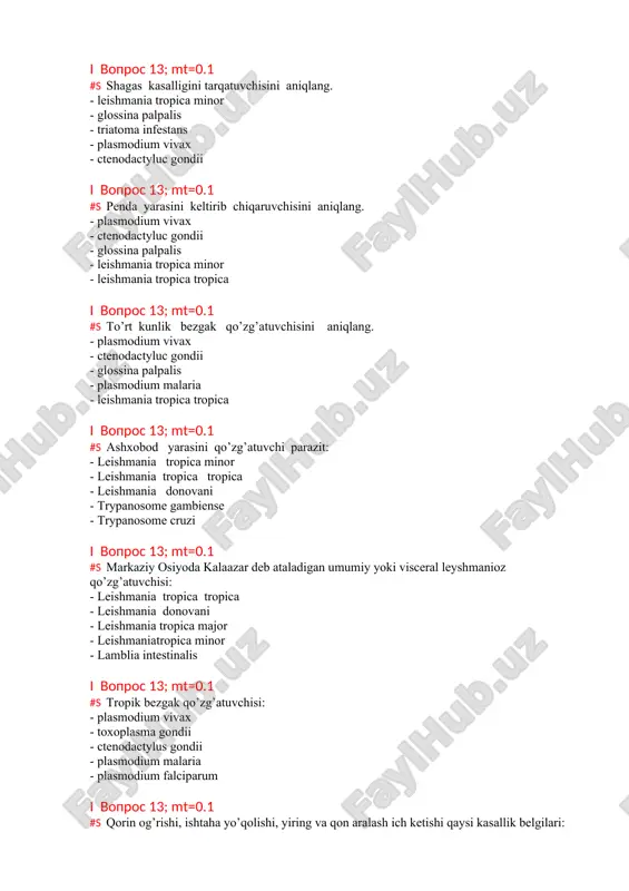 parazitlar haqida test savollari — DOC