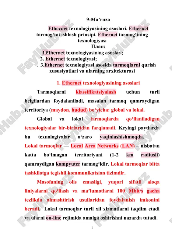 ethernet texnologiyasining asoslari — DOC
