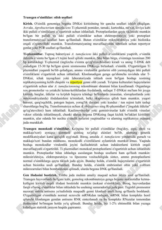 transgen o'simliklar: olish usullari — DOC