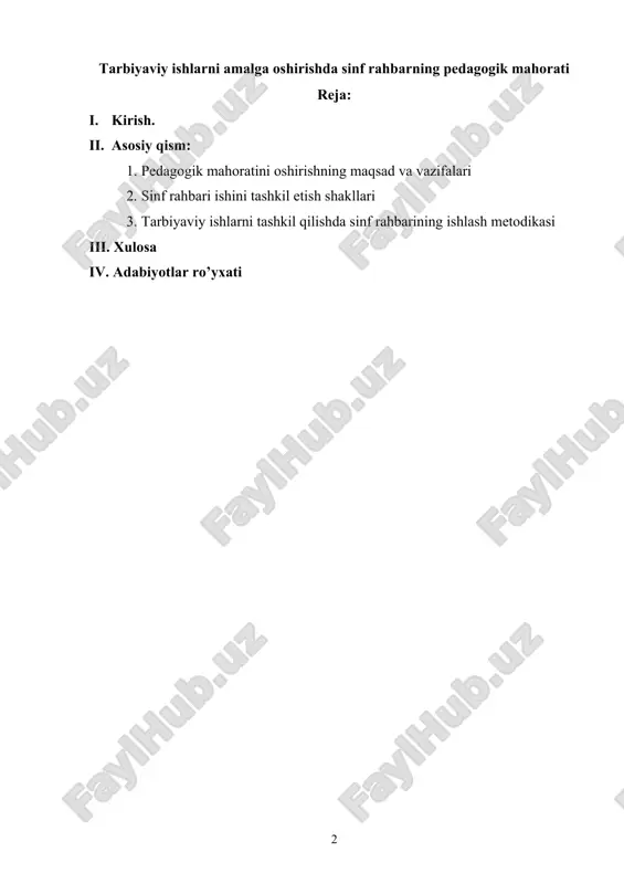tarbiyaviy ishlarni amalga oshirishda sinf rahbarning pedagogik mahorati — DOC
