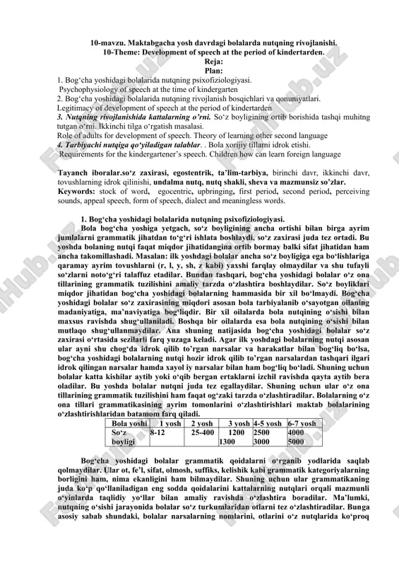 nutqning rivojlanishi - psixofiziologiya va pedagogik — DOC