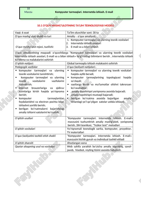 o'quv mashg'uloti modeli - kompyuter tarmoqlari. internetda ishlash. e-mail — DOC
