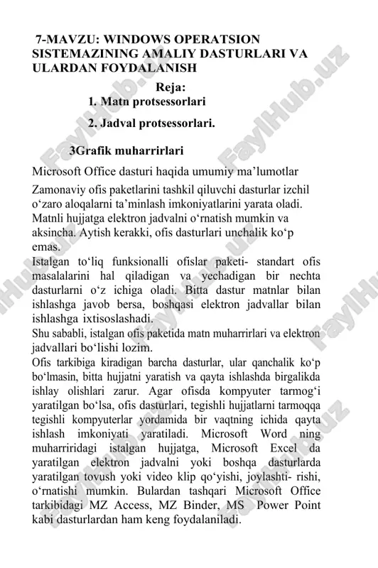 windows operatsion sistema amaliy dasturlari va ulardan foydalanish — DOC