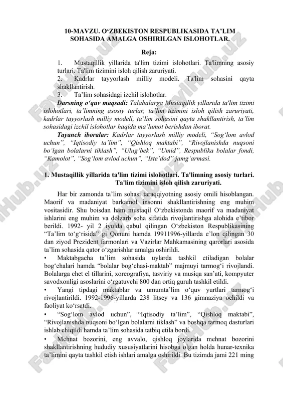 mustaqillik yillarida ta'lim tizimi islohotlari haqida ma’lumotlar — DOC