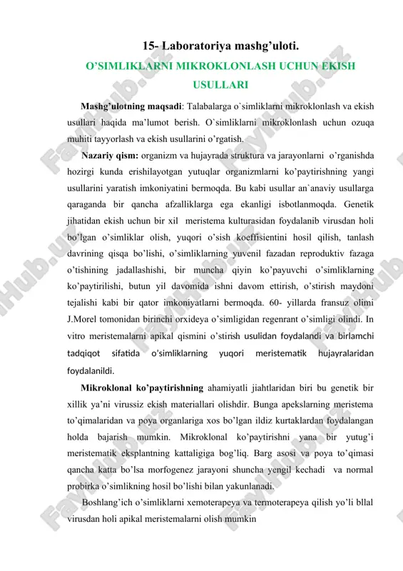 o'simliklarni mikroklonlash va ekish usullari — DOC