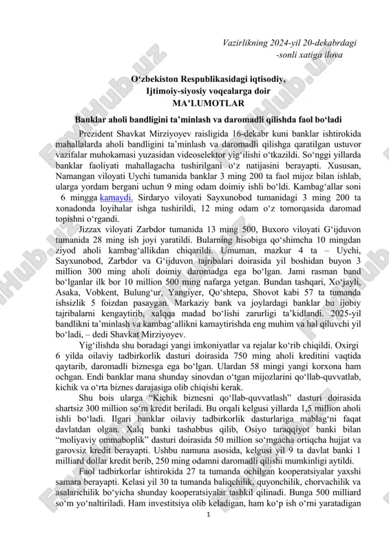 banklar faoliyati haqida ma'lumotlar — DOC