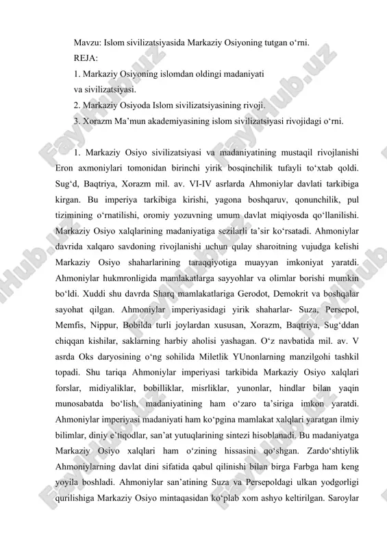 islom sivilizatsiyasida markaziy osiyoning tutgan o‘rni — DOC