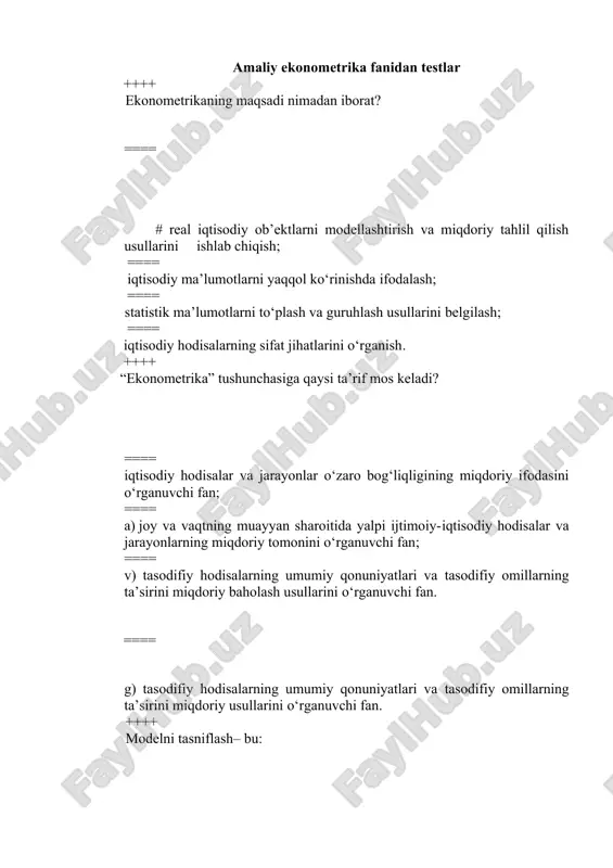amaliy ekonometrika fanidan testlar — DOC