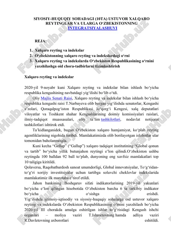xalqaro reytinglar va ularga o‘zbekistonning integratsiyalashuvi — DOC