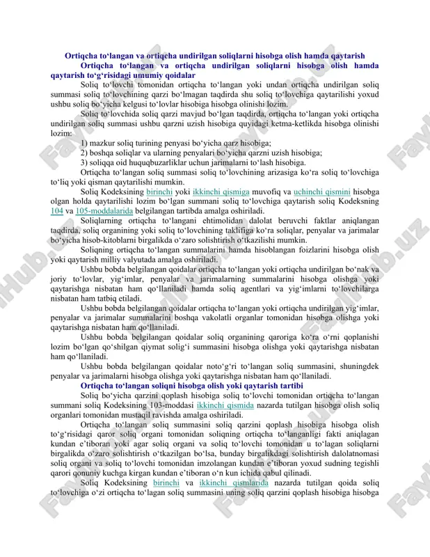 ortikcha to‘langan va ortikcha undirilgan soliqlar haqida ma'lumotlar — DOC