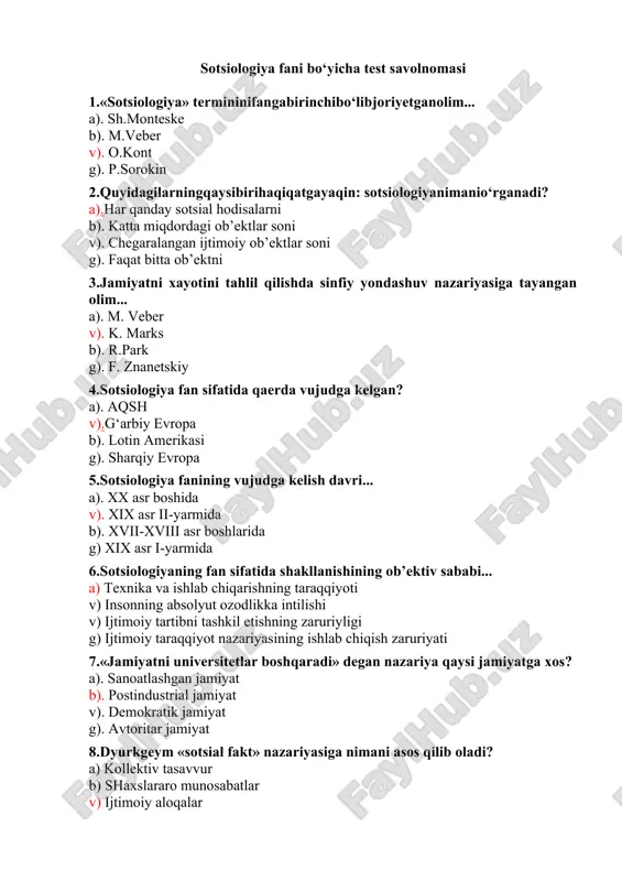 sotsiologiya fani bo‘yicha test savolnomasi — DOC