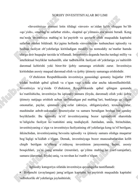 xorijiy investitsiyalar bo`limi — DOC