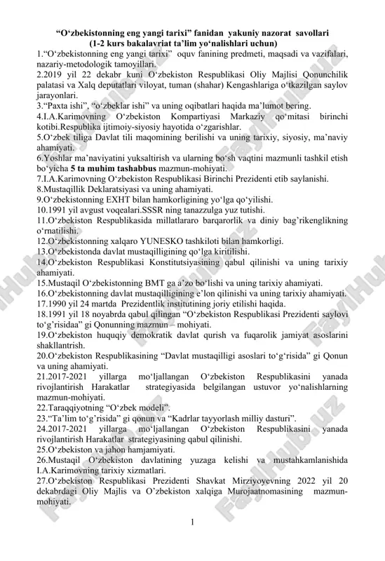 o‘zbekistonning eng yangi tarixi fanidan yakuniy nazorat savollari — DOC