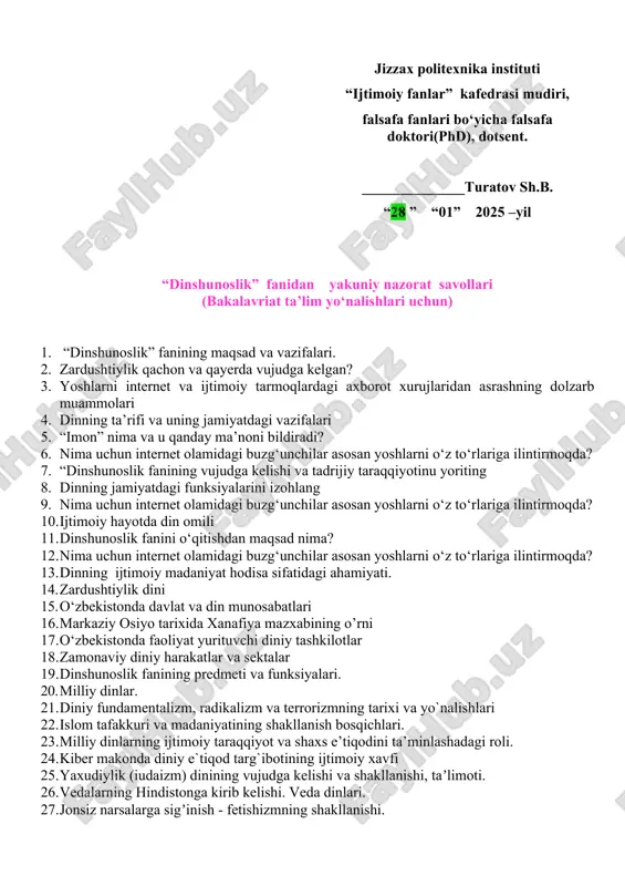 "dinshunoslik fanidan yakuniy nazorat savollari" — DOC
